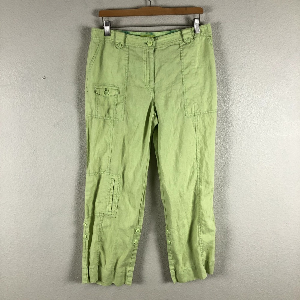 Sigrid Olsen Lime Green Linen Cropped Pants Womens Utility Cargo Wide‎ Leg